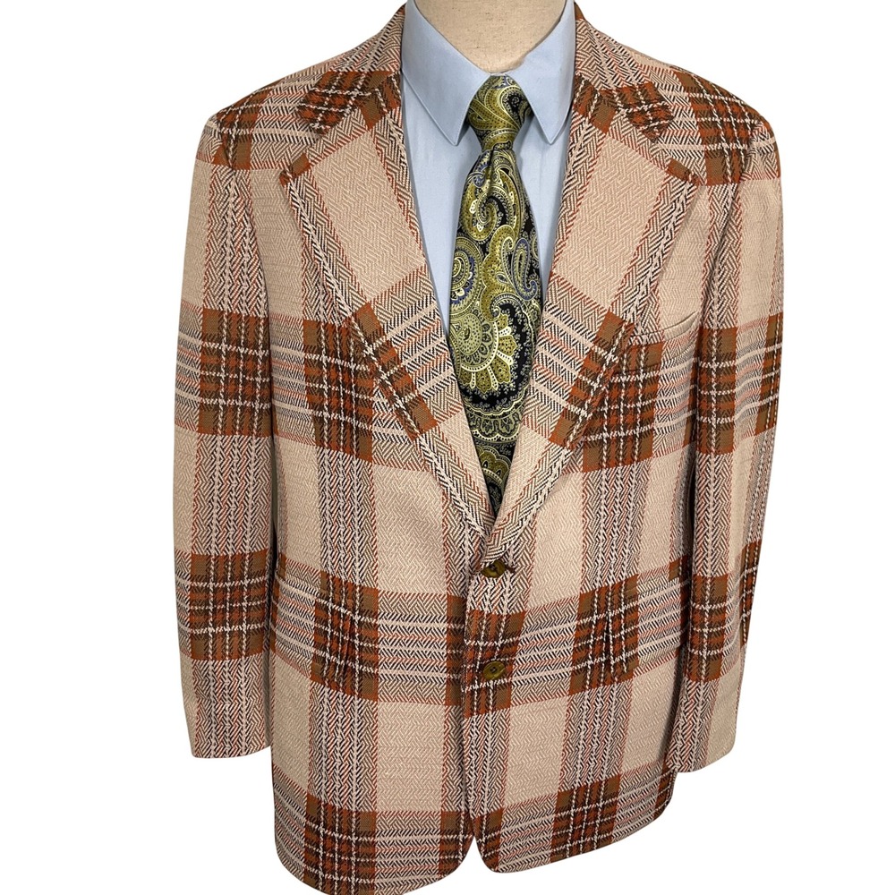 Hart Schaffner Marx Blazer Mens 42R Beige Blanket Plaid Escadrille Wool VTG